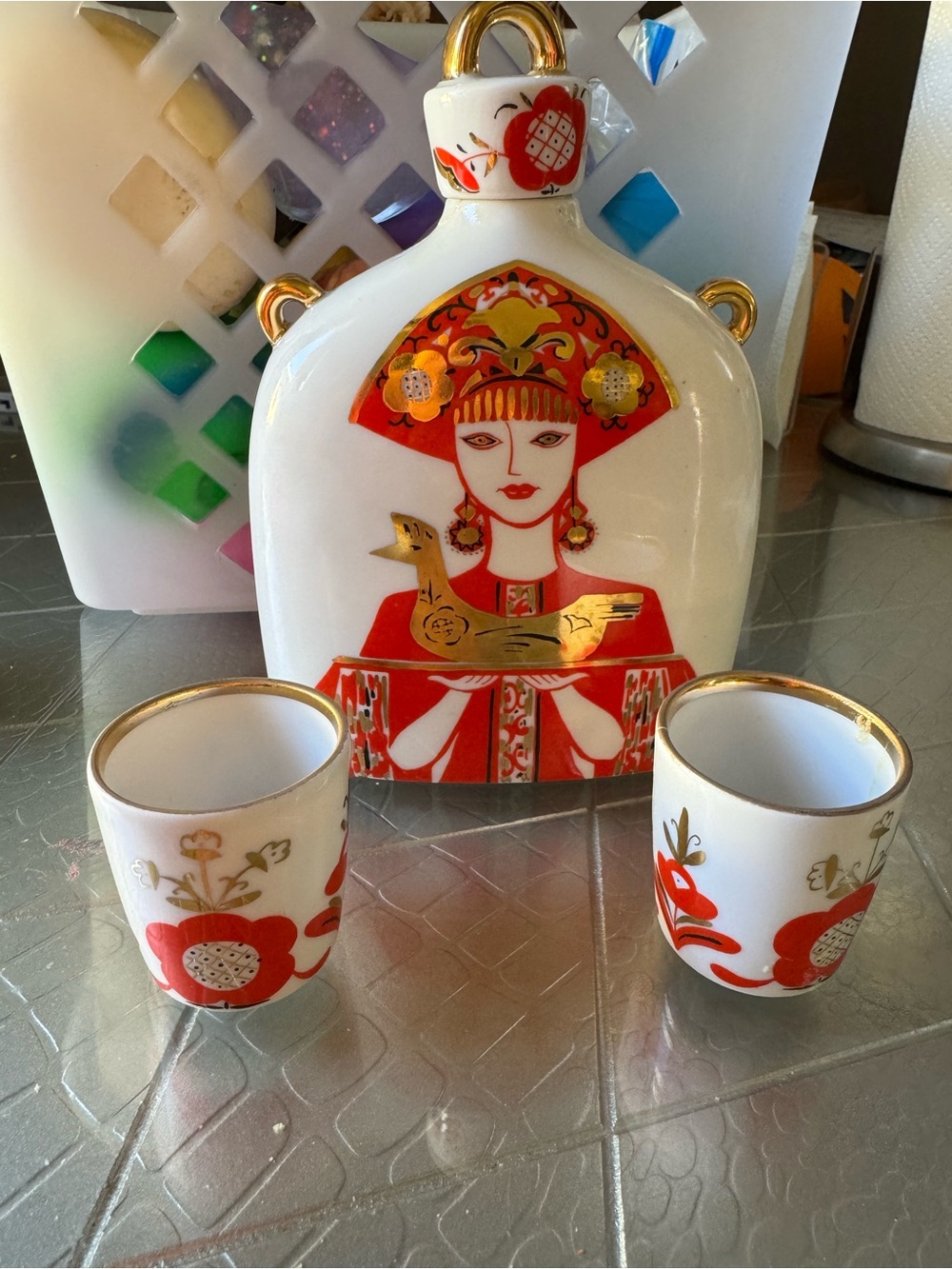 Vintage USSR Soviet Russian LFZ Lomonosov Porcelain Decanter W/cups.